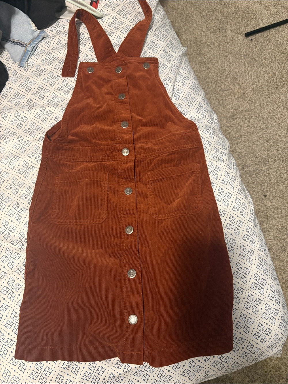 Corduroy Button-Front Pinafore Dress in Rust